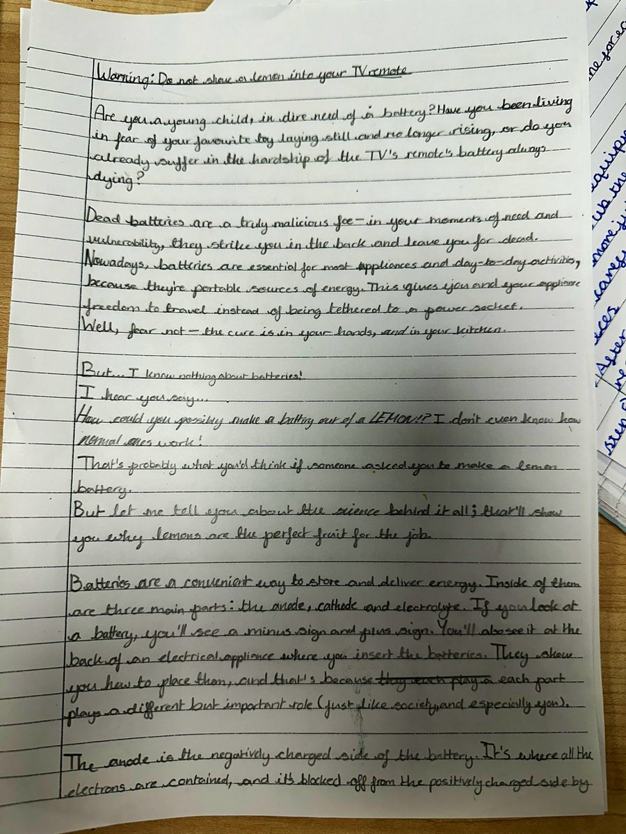 MrsHefetz_'s tweet photo. A truly entertaining - and very informative - read! One of the final outcomes of ‘Lemon Battery’ from a very talented writer in Blackthorn Class! 👏🏽
I’m in awe of the knowledge and technical abilities shown in this piece of writing 🍋 #year6writing #proudteacher https://t.co/ZaxZoTCIqP