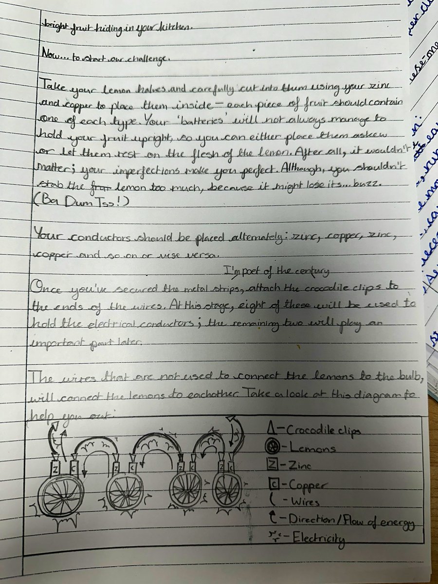 MrsHefetz_'s tweet photo. A truly entertaining - and very informative - read! One of the final outcomes of ‘Lemon Battery’ from a very talented writer in Blackthorn Class! 👏🏽
I’m in awe of the knowledge and technical abilities shown in this piece of writing 🍋 #year6writing #proudteacher https://t.co/ZaxZoTCIqP