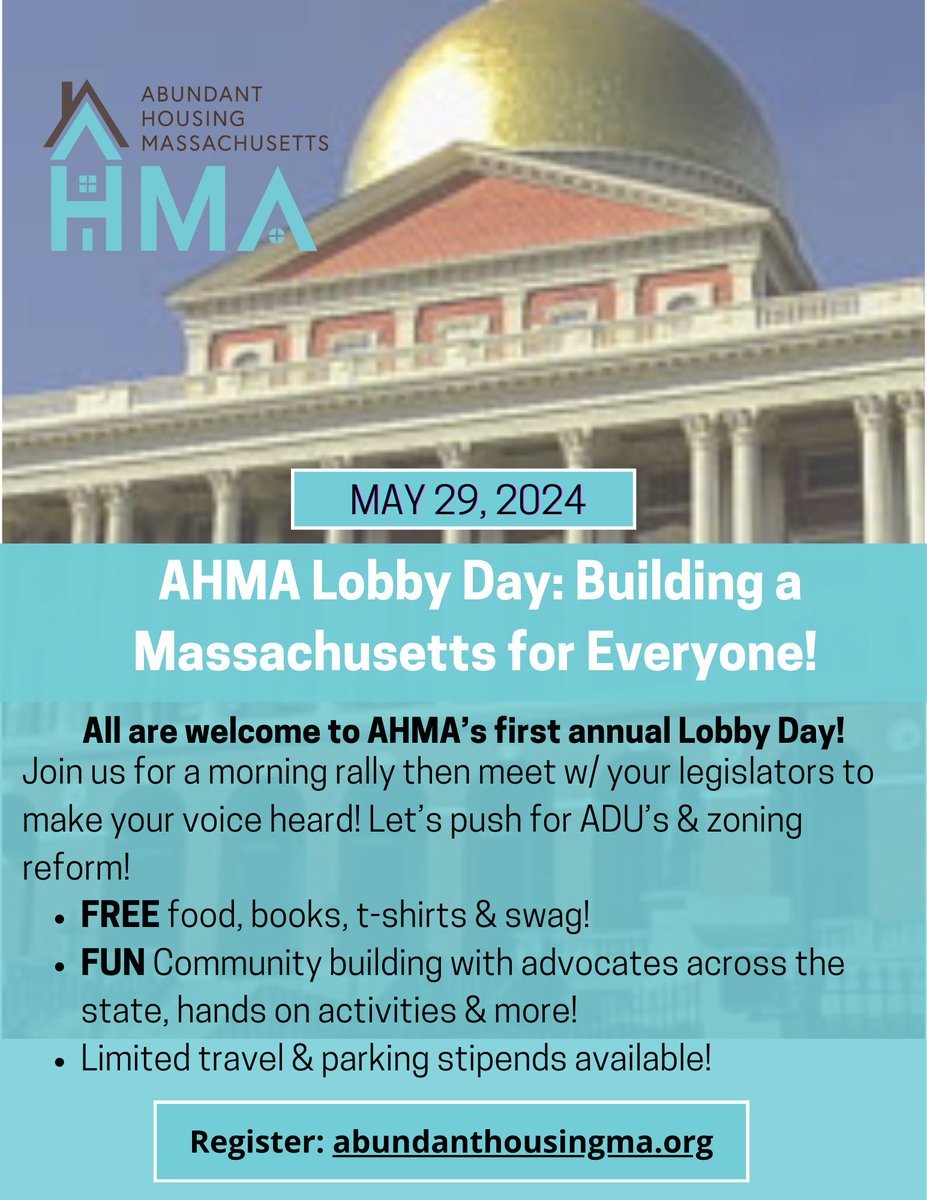 Mark your calendars! BECMA is excited to join @AbundantHomesMA for their Lobby Day on May 29th! This is your chance to take our fight for more homes to the state level. Don't miss out, sign up today: bit.ly/3K0znaI #AHMALobbyDay #HousingForAll