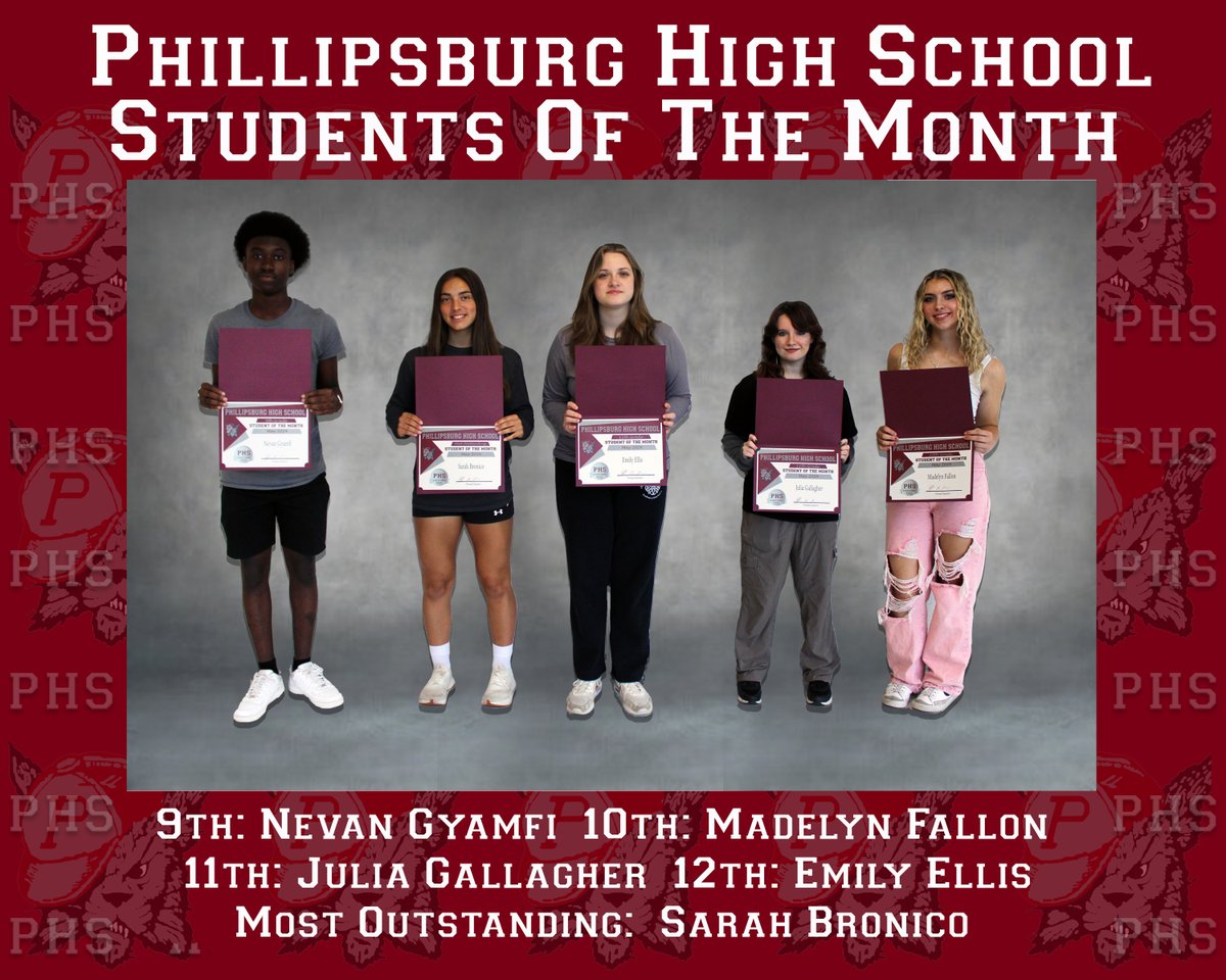 CONGRATULATIONS TO THE PHS STUDENTS OF THE MONTH FOR MAY!      
9th-NEVAN GYAMFI
10TH-MADELYN FALLON   
11TH-JULIA GALLAGHER
12TH-EMILY ELLIS
 MOST OUTSTANDING-SARA BRONICO
  GREAT JOB!! 👏👏🙌🙌🔥🔥