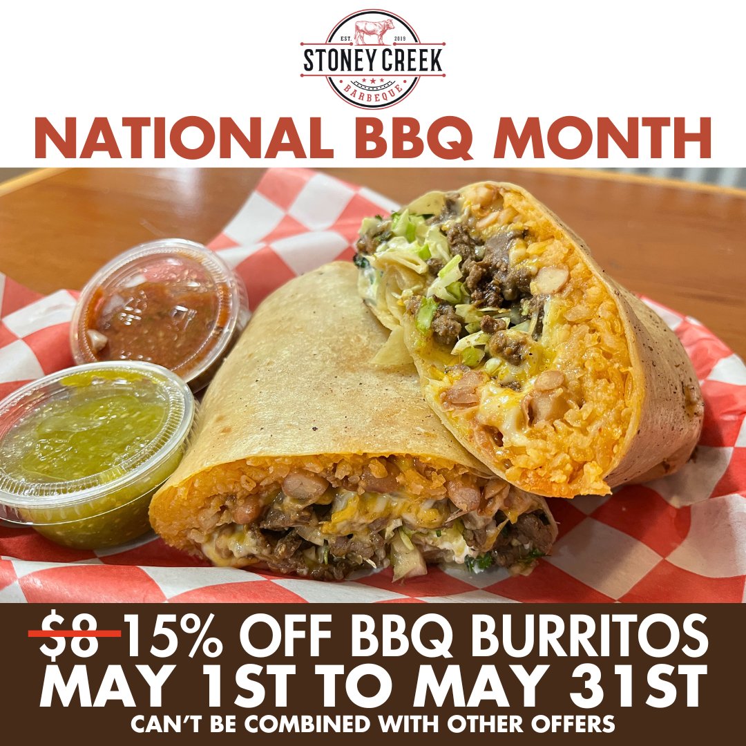 It's National BBQ Month! To celebrate, we're taking 15% OFF ALL of our BBQ Burritos! Get a delicious Asada Burrito for under $7! #StoneyCreekBBQ #Porterville #BBQ #NationalBBQMonth #BBQBurrito #Burrito #LowAndSlow #WorthTheDrive