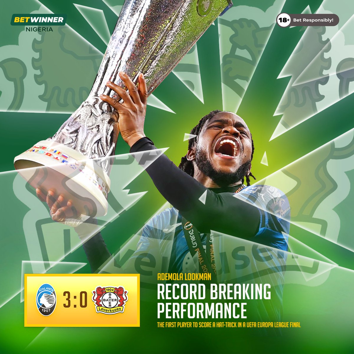 BetwinnerNg's tweet photo. Before last night, no African had ever scored twice in a major UEFA final
Ademola Lookman got three and secured Atalanta's first ever European Trophy! 

It's a beautiful Nigerian story and we are mighty proud of it!🇳🇬❤️ 
Show some love in the comments. 

#BETonYou
#BETWinner https://t.co/rQEnSzUExY