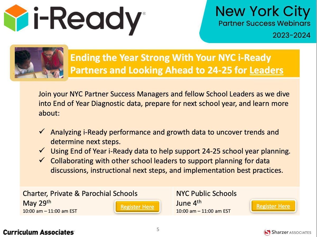NYC EOY Data Review w/ your i-Ready Team
- Charter, Private &amp; Parochial on May 29 REGISTER: buff.ly/46iFlgF 
- NYC Public Schools on June 4 REGISTER: buff.ly/46avqJX