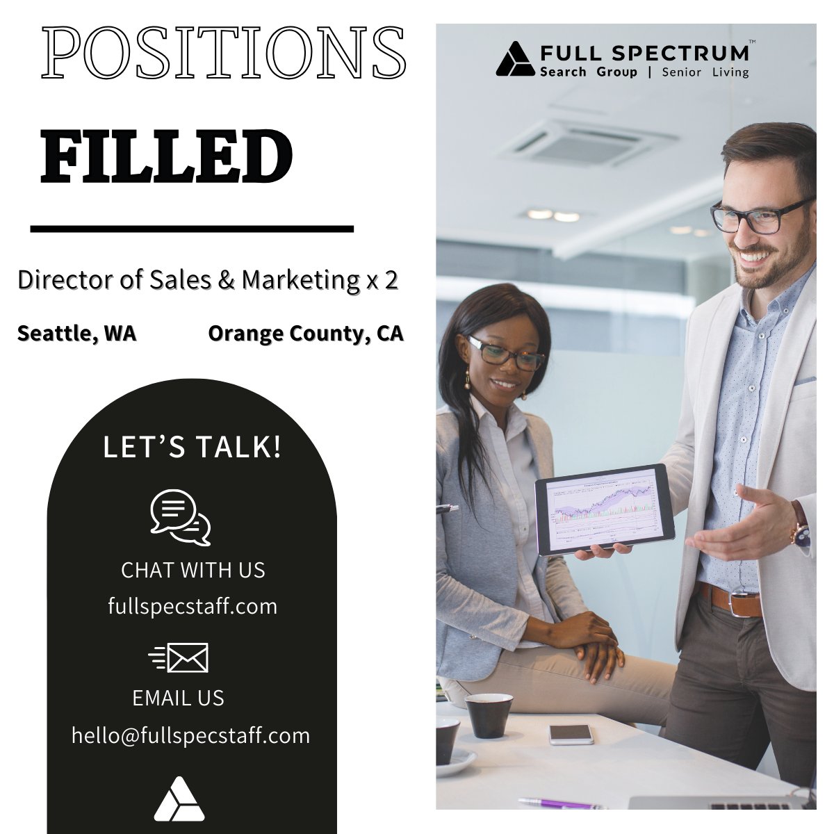 FullSpecStaff's tweet photo. Our Senior Living team at Full Spectrum is on fire! 🔥 Recent placements include Directors of Sales &amp; Marketing in Seattle, Portland, &amp; Orange County. Congratulations! Ready for your next move? Visit: https://t.co/ECeJnyjGuR https://t.co/S8kzwLexJ1