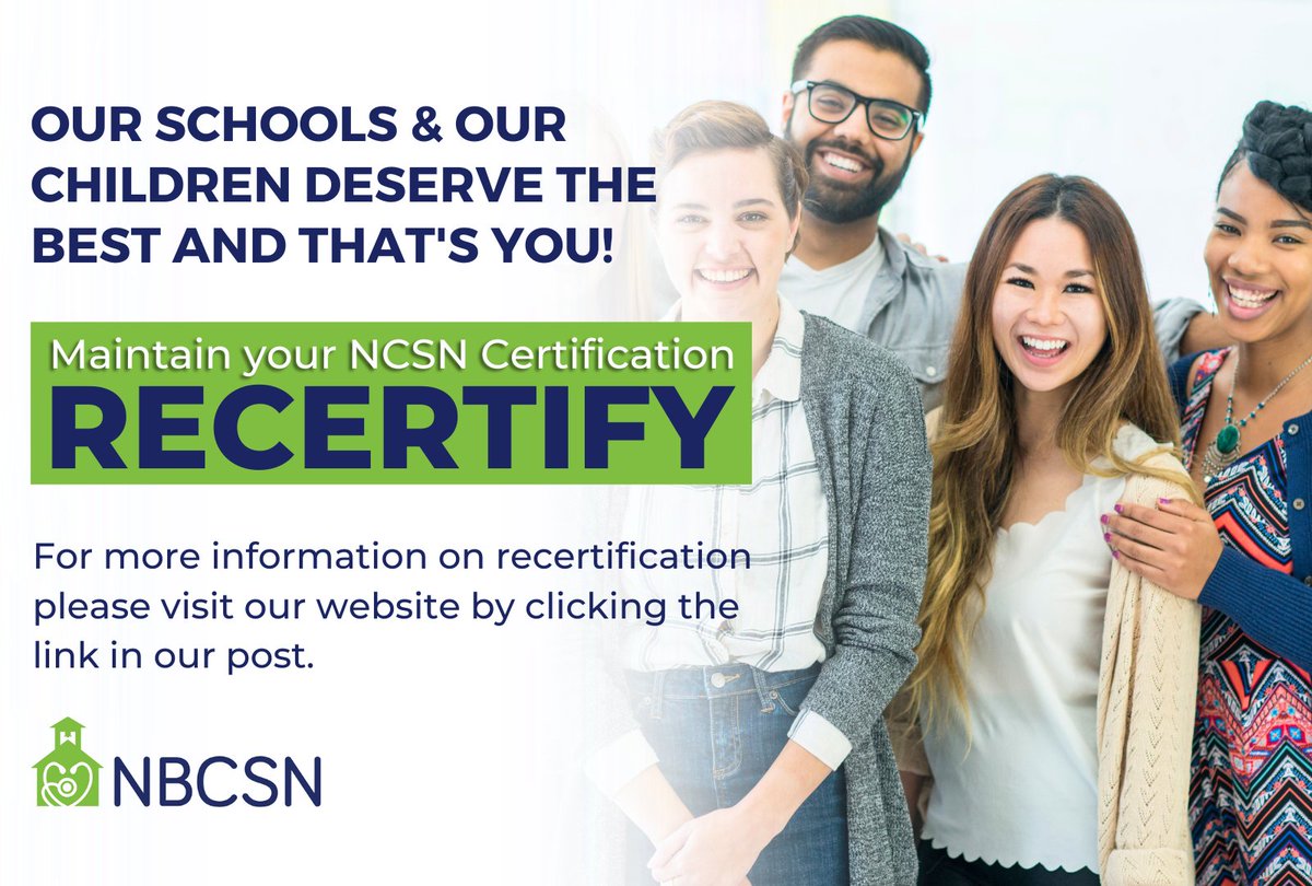 NBCSN Encourages Nationally Certified School Nurses to Recertify!
Recertify here:👉ow.ly/NR7c50NUAHr

For supporting information, please visit our website for recertification basics and procedures.
Learn more:👉ow.ly/Fn3950Q7yAP

#NCSN #SchoolNurses