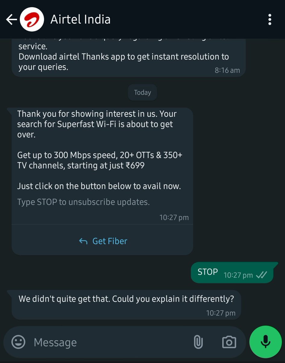 de_navigatio's tweet photo. What bullshit is this @airtelindia 
You guys are doing all scam. This funny yet known loophole you guys are keeping to disturb your users.

On a separate note, beware of monopoly, I struggled for months to cancel a connection. 

@WhatsApp https://t.co/vztKozN7xc