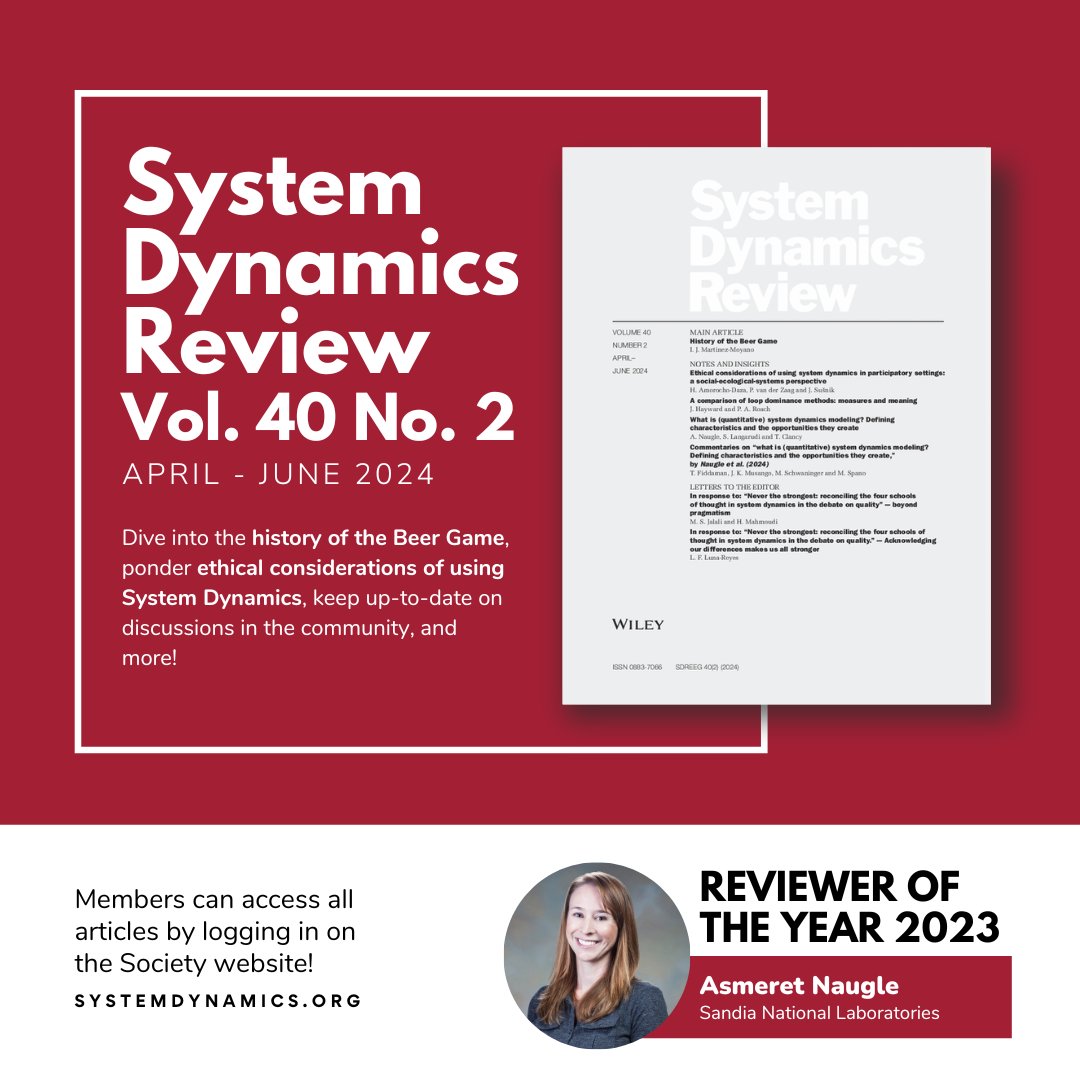 #ICYMI ▶️ The latest System Dynamics Review issue is now available! We are also pleased to announce that Asmeret Naugle has been awarded Reviewer of the Year 2023. 🔗 Access SDR articles: ow.ly/zA4h50RSqnL #SystemDynamics #systemsthinking