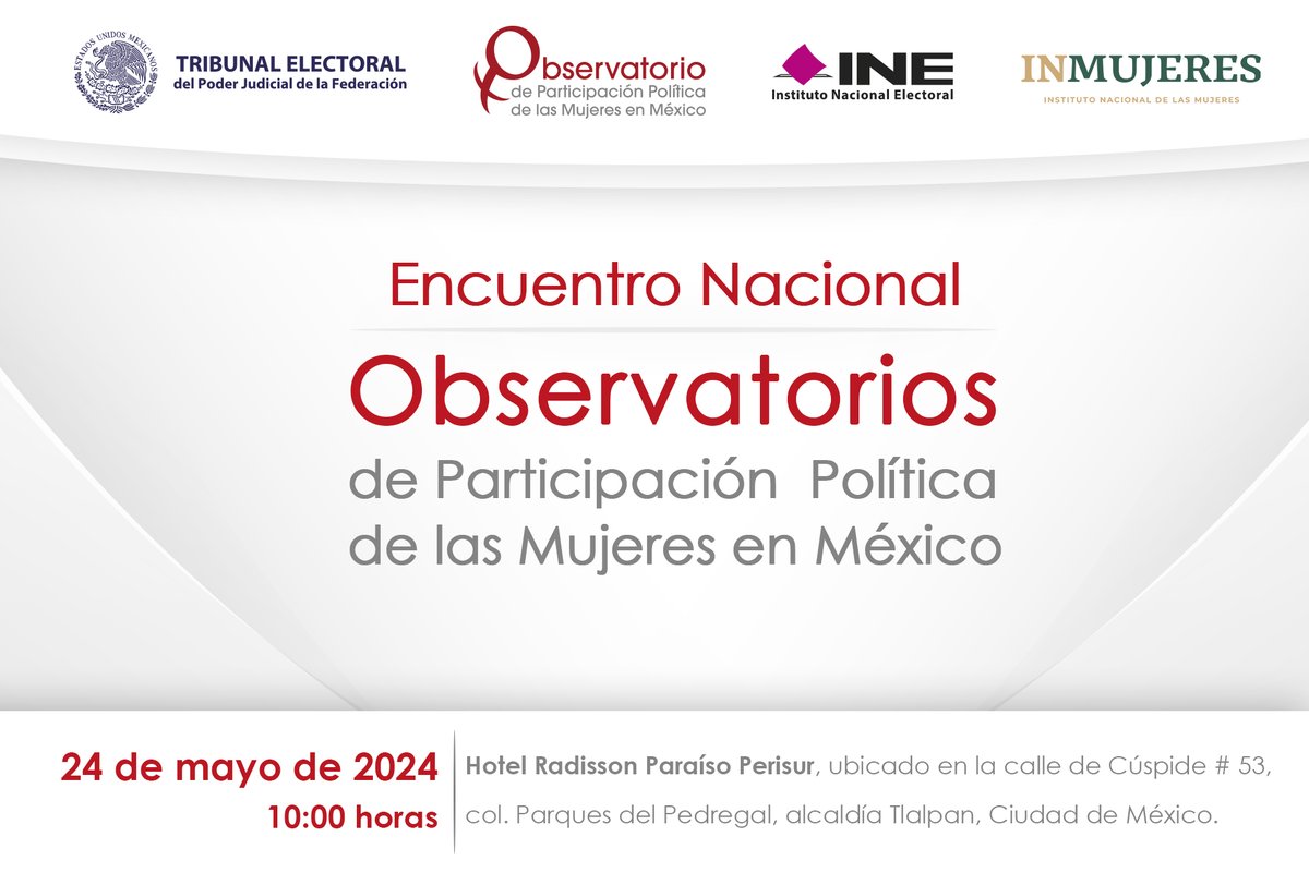 Conéctate al Encuentro Nacional de Observatorios de Participación Política de las Mujeres en México. 🗓️ 24 de mayo, ⏰ 10:00 h. ▶️Sigue la transmisión #EnVivo a través del enlace: youtube.com/watch?v=_5eqhm…