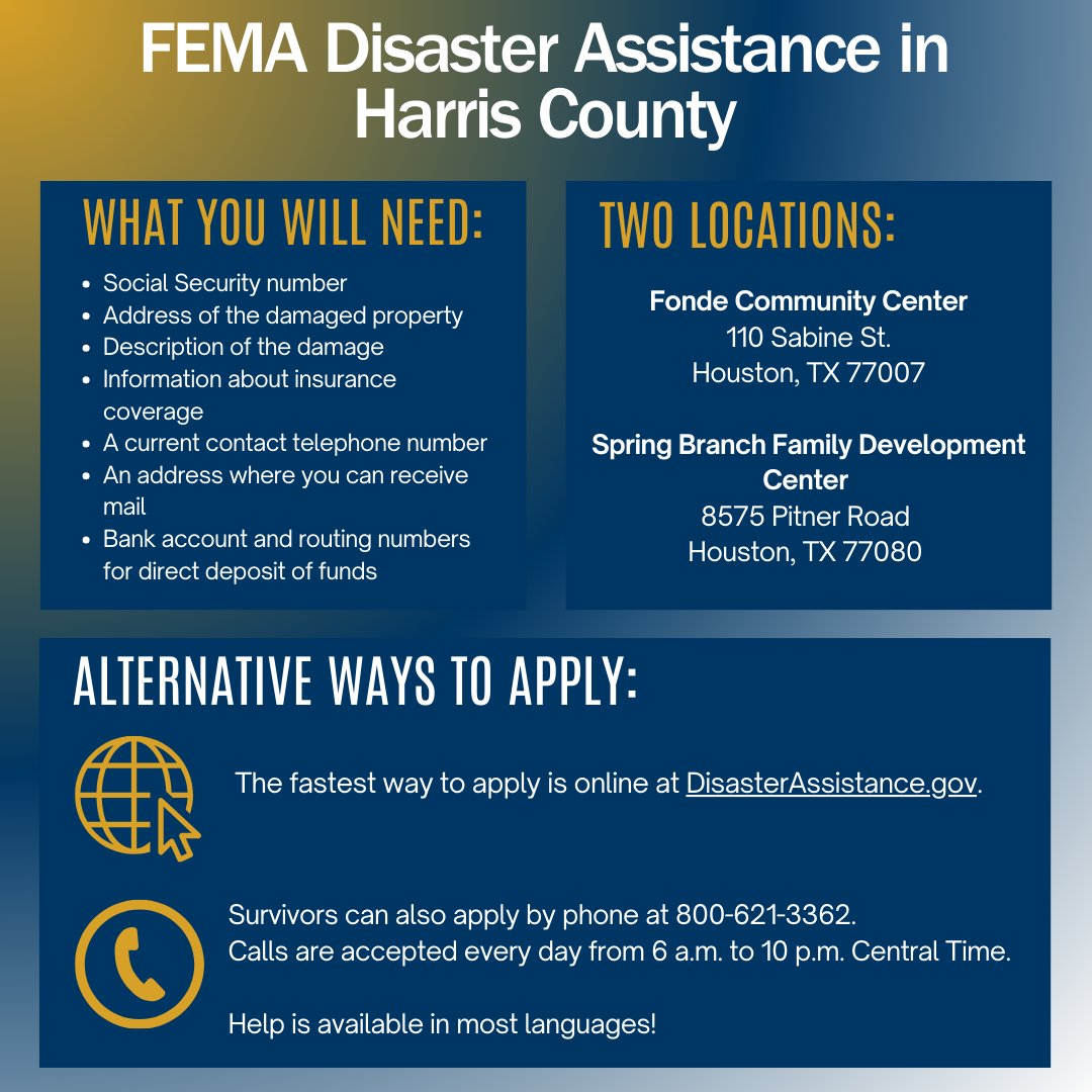 Harris County residents can visit the following two locations to visit with FEMA's Disaster Survivor Assistance Crew, get help applying for FEMA assistance, ask questions, and learn about available resources. No appointment is needed.
