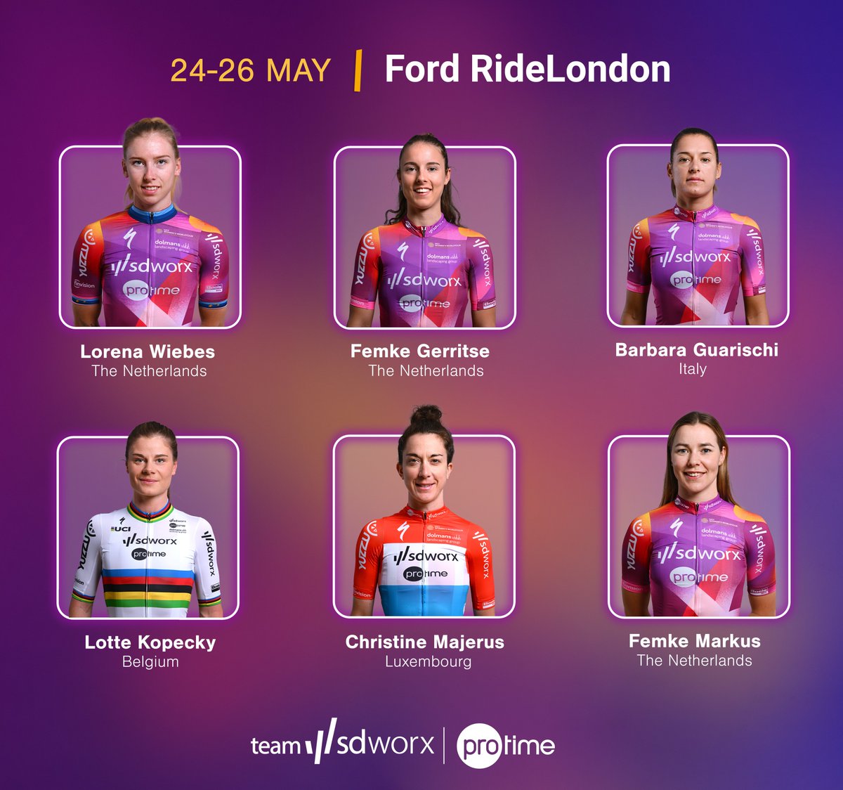 Our line-up for Ford @RideLondon 'The lead-out is here on full strength', says @lorenawiebes, who won all 3 stages of @RideLondon on her last participation in 2022. 'I'm looking forward to race with @LotteKopecky, we make each other stronger. This season my goal is clear: to