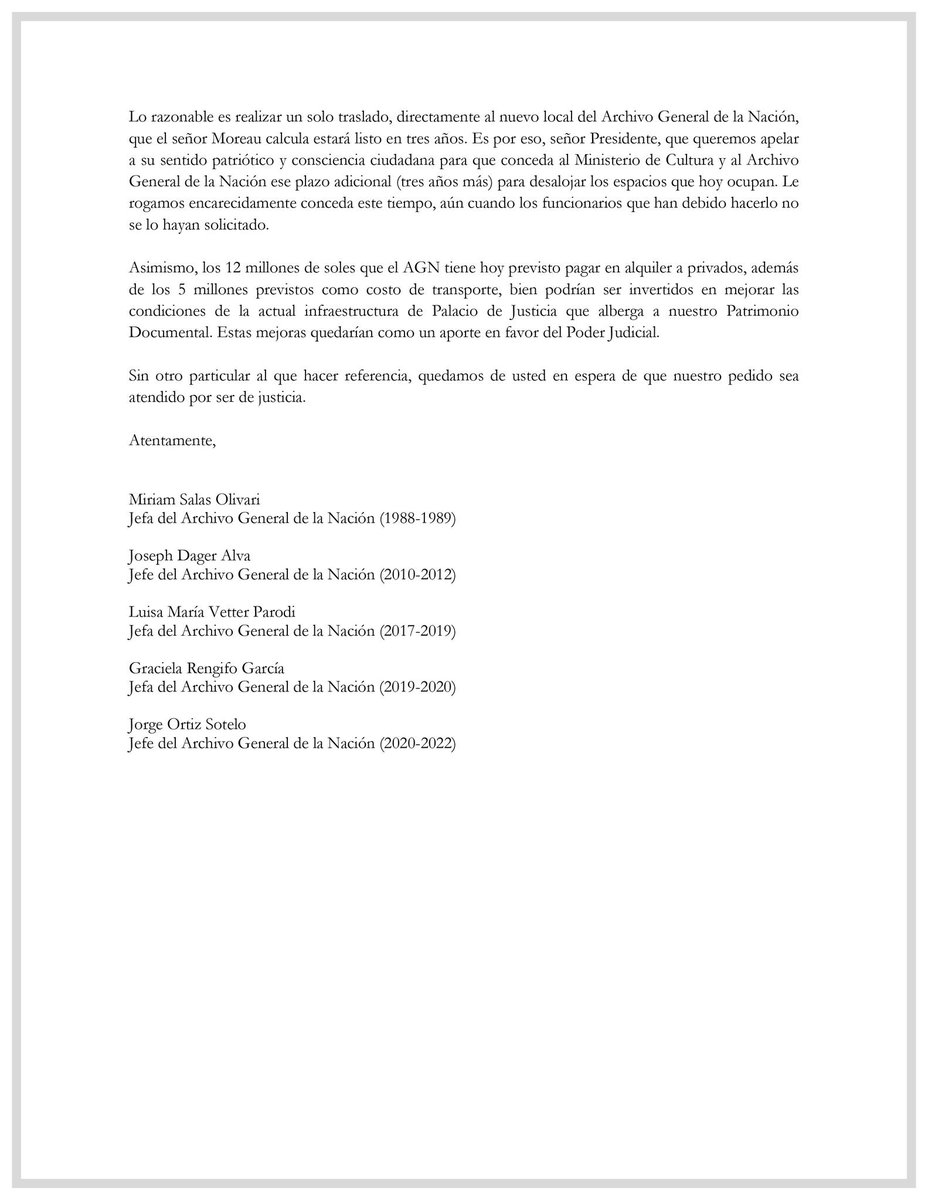 LulaGF's tweet photo. Ex jefes del @agngobpe  instan al PJ un plazo adicional de 3 años xa q el Archivo permanezca en Palacio de Justicia. Proponen q el costo del alquiler en el F. Bocanegra se invierta en mejorar la infraestructura en el Palacio de Justicia.#NoAlTraslado #salvemosnuestrahistoriaperu https://t.co/MWF08YYuLU