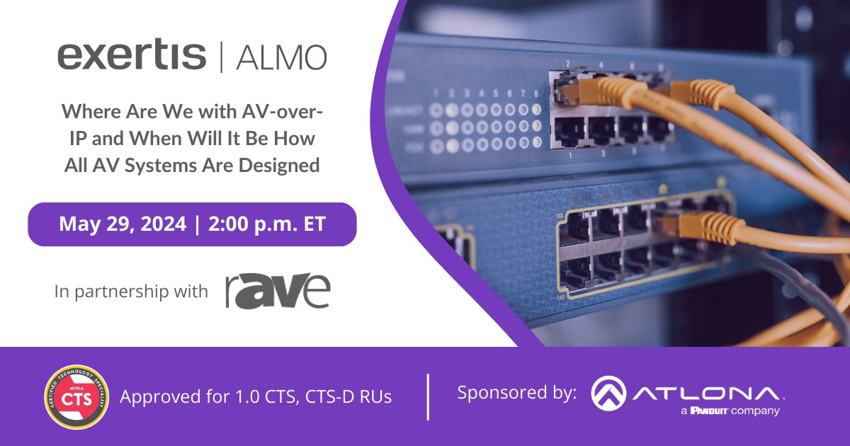Secure your spot for the 'Where Are We With AV-over-IP and When Will It Be How All AV Systems Are Designed?' #webinar on Wednesday, May 29. Learn more here, #AVtweeps: events.exertisalmo.com/AVoverIP24 @ExertisAlmo @Atlona