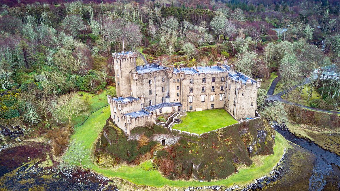 Dunvegan Castle  is on the Isle of Skye, Scotland. It is the seat of the MacLeod chief of the Clan MacLeod. the castle was first built in the 13th century and is built on an elevated rock overlooking an inlet on the eastern shore of Loch Dunvegan, a sea loch. Wikipedia, NMP.