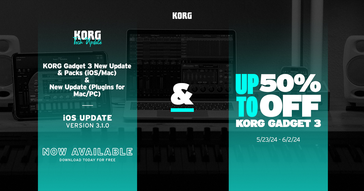 Version 3.1.0 is here! KORG Gadget 3 for iOS/Mac has added new packs 'Hysteresis' & 'Liquid Strokes' to genre select. In addition, KORG Gadget 3 for Mac & Plugins for Mac/PC have released a new update with support for Native Instruments' NKS & Avid AAX + get up to 50% off Korg