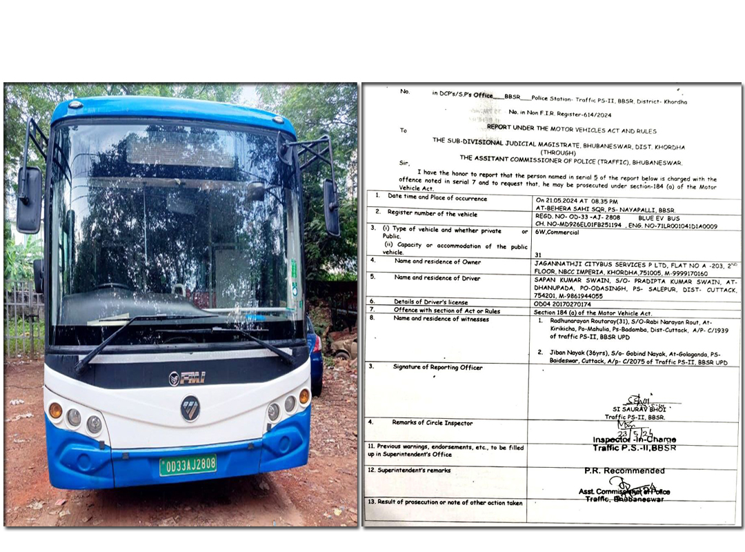 During a Safe City drive, the CRUT government Mo Bus bearing registered No. OD 33 AJ 2808, Blue EV was seized for jumping a red light at Behera Sahi Traffic Post at 8:35 PM on 21.05.2024. In line with a zero-tolerance policy, appropriate action was taken.