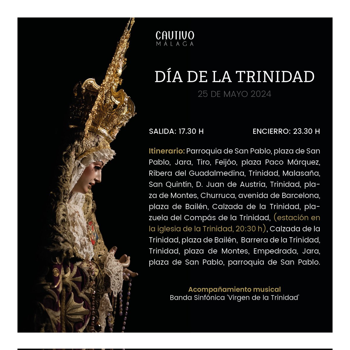 #DíadelaTrinidad - Modificación del recorrido de la procesión gloriosa de María Santísima de la Trinidad Coronada por las calles de su barrio el próximo sábado 25 de mayo de 2024 con motivo de su festividad. #CofradíasMLG.