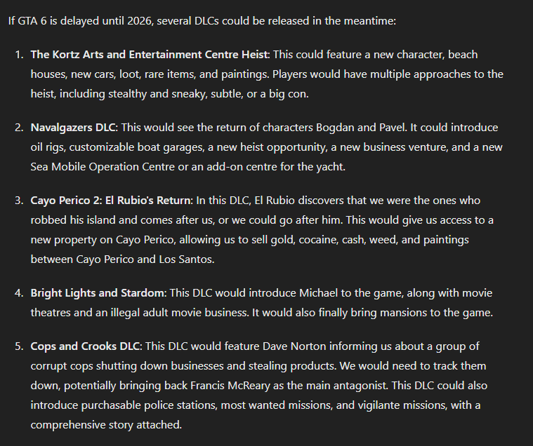 BearForceCubHQ's tweet photo. Dear @RockstarGames 
If #GTA6 Gets Delayed to 2026 

here are some DLC ideas i came up with for GTA Online
- Kortz Center Heist
- Navalgazer's Heist
- Cayo Perico 2 El Rubio's Return
- Bright Lights and Stardom
- Cops And Crooks https://t.co/W1XzZg5t2K