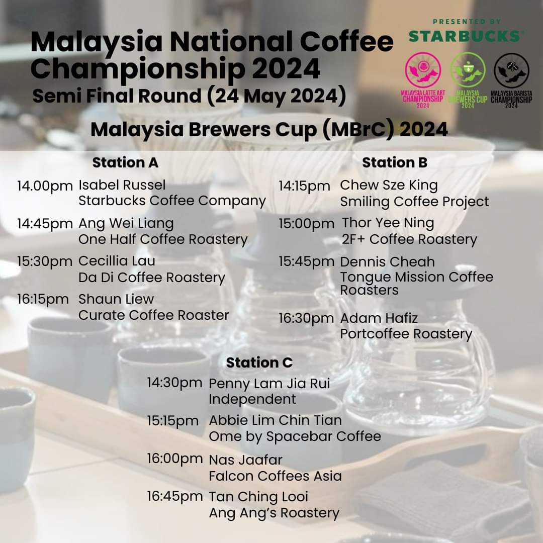 Witness the finest baristas showcase their incredible skills and creativity

📅 23 - 25 May 2024
📍 International Café and Beverage Show (ICBS) @ Kuala Lumpur Convention Centre

#MSCA #MNCC #MNCC2024 #MBC #MBrC #MLAC #KLCC