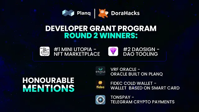 The Planq long-term developer grant program round #2 comes to an end!

The winners of this round are <a href="/Miniutopiatoken/">Mini Utopia</a> &amp; <a href="/dao_sign/">DAOsign.org</a> 

🖼️Mini Utopia will bring an NFT marketplace to the Planq Blockchain.

📜DAOsign will bring DAO tooling!

📖Read more: medium.com/@planq/planq-n…