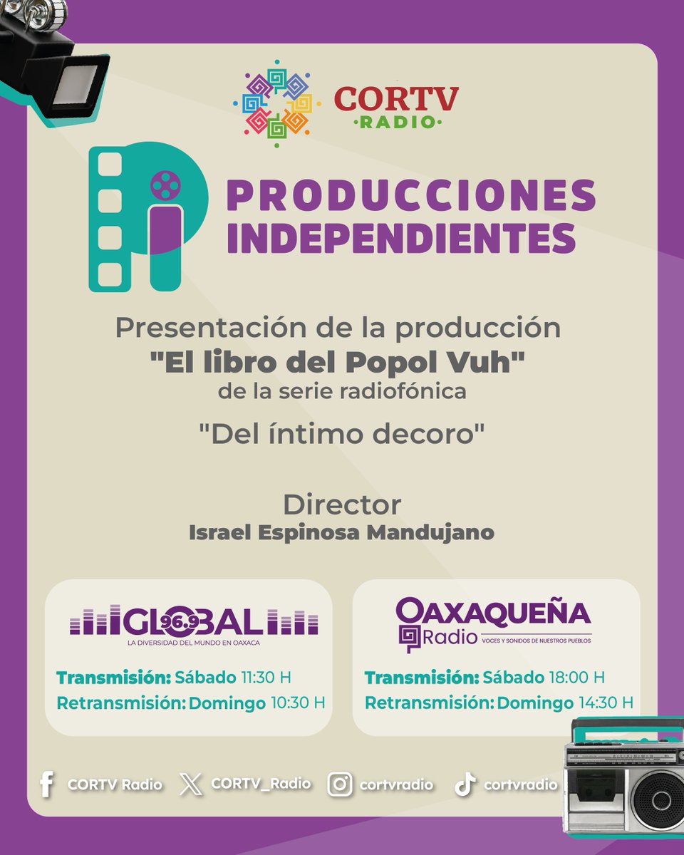 CORTV_Radio's tweet photo. #Estreno | Este fin de semana inicia la 9ª temporada de #ProduccionesIndependientes, proyecto que busca mostrar la pluralidad de visiones a través de la óptica de diferentes productores y productoras sonoras. 📻 🎙️

Sábado 11:30 h por #Global 96.9 y 18:00 h por #OaxaqueñaRadio.✨ https://t.co/vBJY8FRzXu