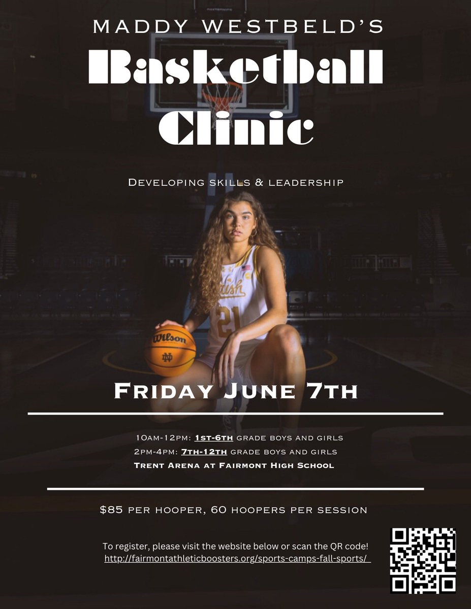 Tomorrow marks TWO WEEKS before our second annual clinic! Forward to parents, coaches, trainers, etc. No Kids Left Out!!! Sign up with the QR code or click on the link below. fairmontathleticboosters.org/sports-camps-f…