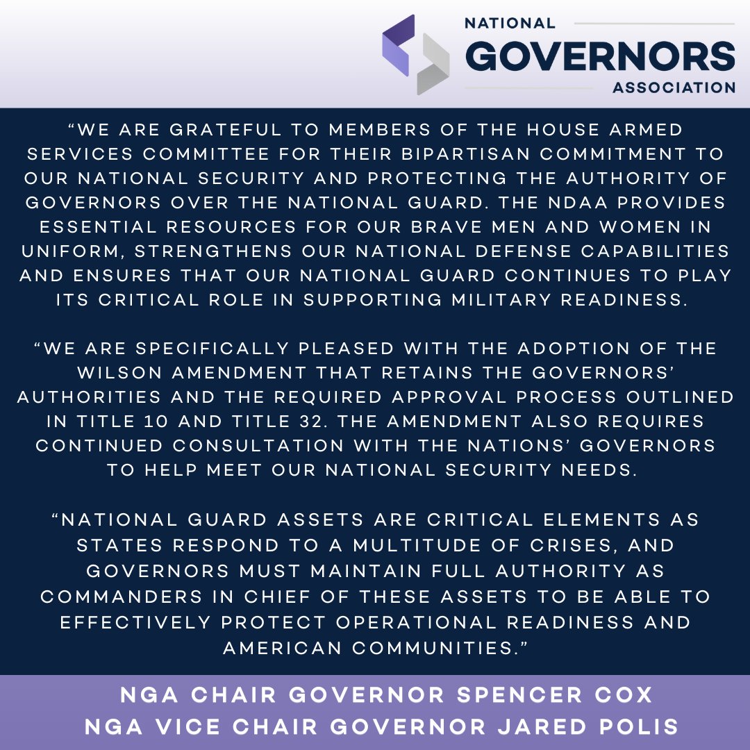 NGA Chair @GovCox of Utah and Vice Chair @GovofCO Polis today expressed their support of the Wilson Amendment in the FY25 NDAA Full Committee Mark Up protecting Governors Authority over the National Guard. nga.org/news/press-rel…