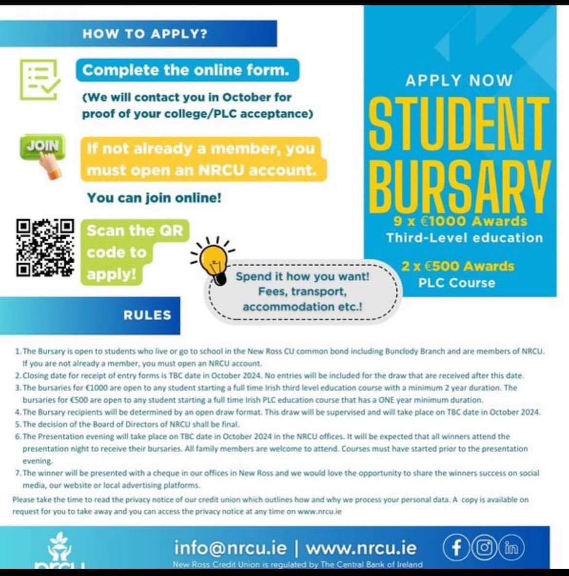 A gentle reminder to our students that the @newrosscu have opened their student bursary for 2024/25! We strongly encourage our students and those locally to apply ✏️