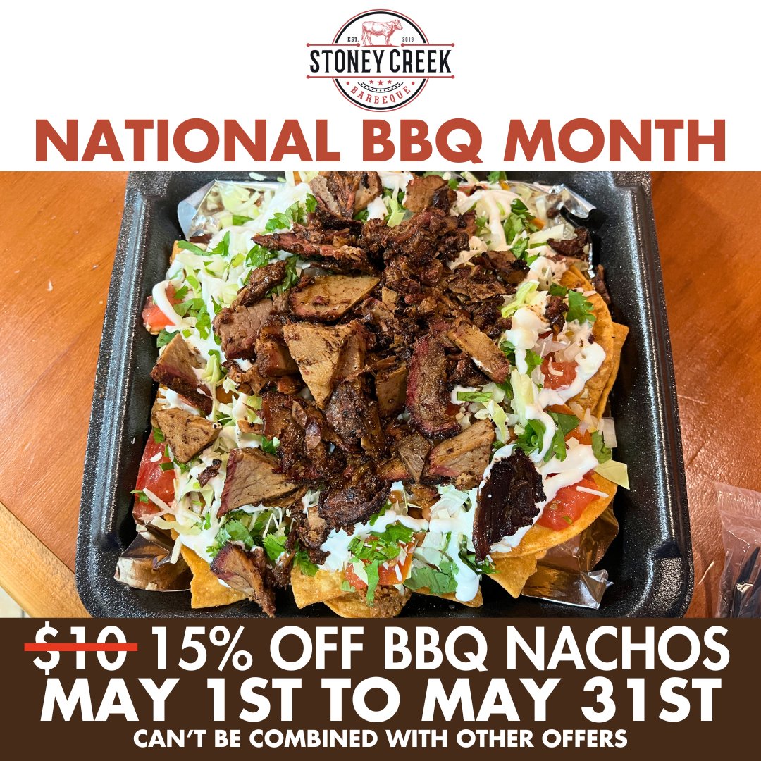 It's National BBQ Month! To celebrate, we're taking 15% OFF ALL of our BBQ Nachos! Choose from carne asada, tri-tip, brisket, pulled pork, or shredded chicken! #StoneyCreekBBQ #Porterville #BBQ #NationalBBQMonth #BBQNachos #Nachos #LowAndSlow #WorthTheDrive