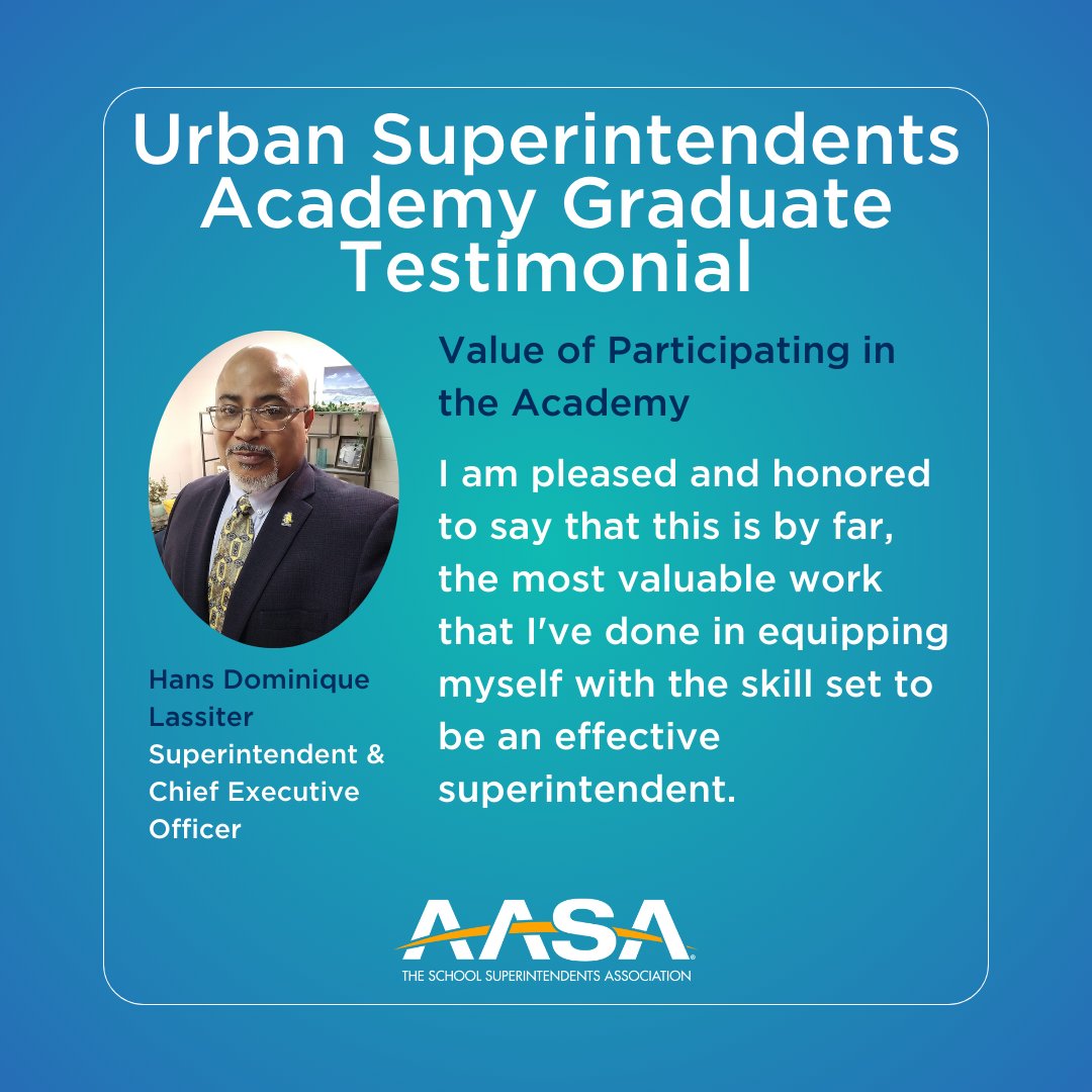 AASAHQ's tweet photo. Hear from our graduates about the transformative experience of participating in the Urban Superintendents Academy. @HansLassiter and @LoringShay share how the academy equipped them with essential skills and the opportunity to collaborate with leaders nationwide. https://t.co/r5gOatjFAz