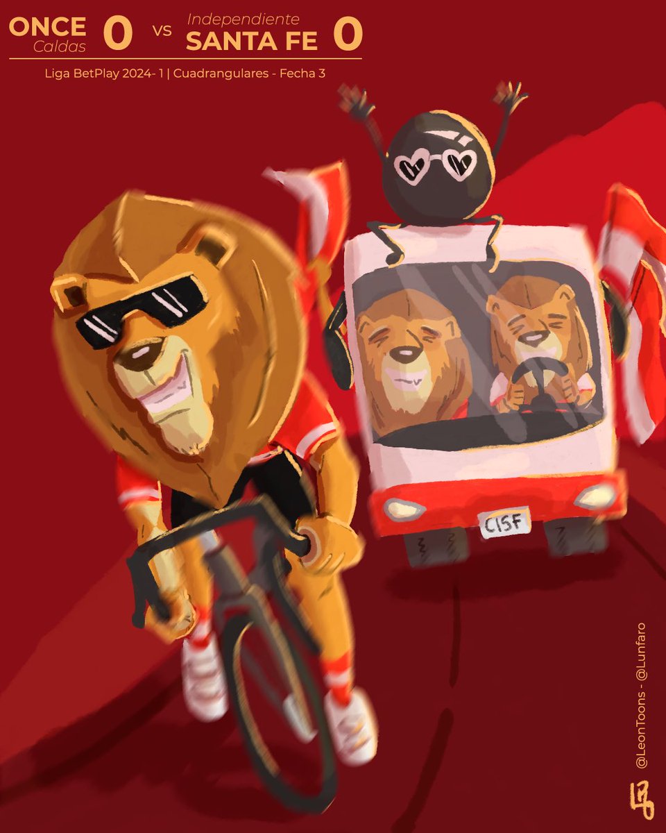 LeonToons's tweet photo. Aprovecho este toon para hacerle un pequeño homenaje a todos los que viajaron a acompañar al león y por supuesto a los muchachos de @CiclismoSF 

Liga BetPlay 2024 - I Fecha 3 cuadrangulares @oncecaldas 0 - @SantaFe 0 #LeonToons https://t.co/MkpNb32A0l