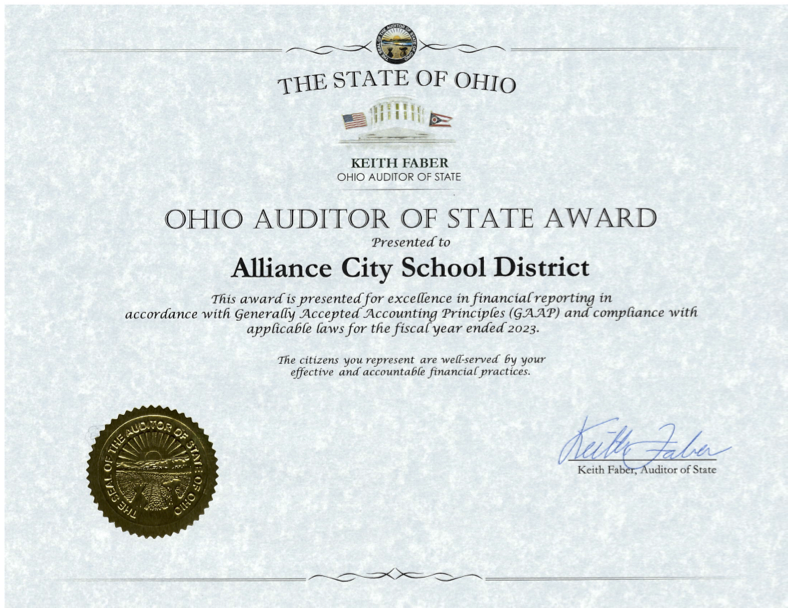 AllianceCSD's tweet photo. ACS once again received the Ohio Auditor of State Award! Thank you to the entire ACS staff for their diligence in ensuring finances have been reported accurately and in a timely manner. A big thank also goes to Treasurer Kirk Heath and his staff for their hard work! #RepthatA https://t.co/VY9rsNnOFo