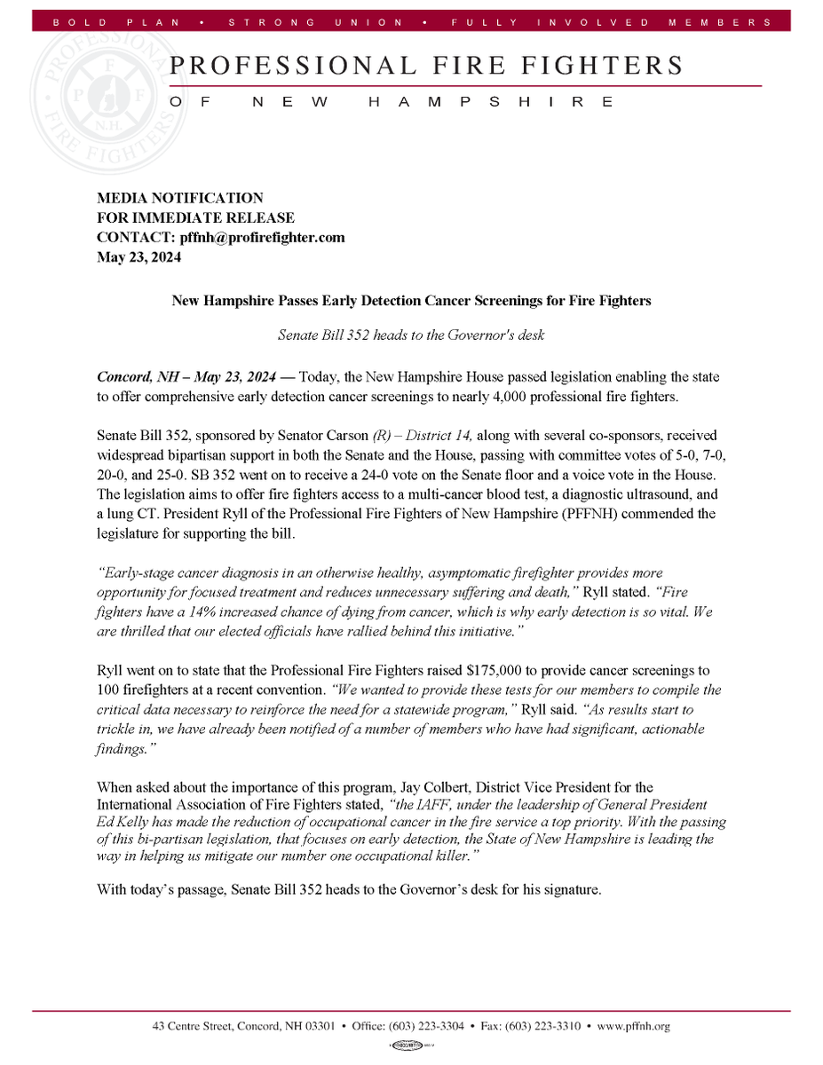 PFFNH's tweet image. Monumental Victory! The House passes SB352!
@iaffofficial #unionstrong #IAFF #cancerawareness #Cancer #cancerfighter #healthandsafety #nhpolitics #NewHampshire #firefightersafety #firefighter #firefightercancer