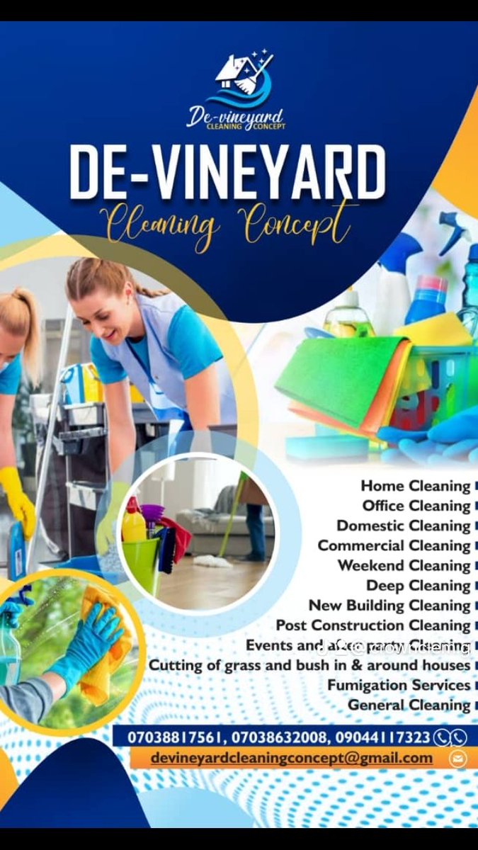 CrownclemJohn's tweet photo. Transforming spaces with professional, reliable, and eco-friendly cleaning services. 🧼🧹 From homes to offices, we’ve got you covered! Book today and experience the De-Vineyard difference. 🌿 📞 Call us at or chat us on 07038632008 #CleaningService #ProfessionalCleaning https://t.co/KYZpwv8NPS