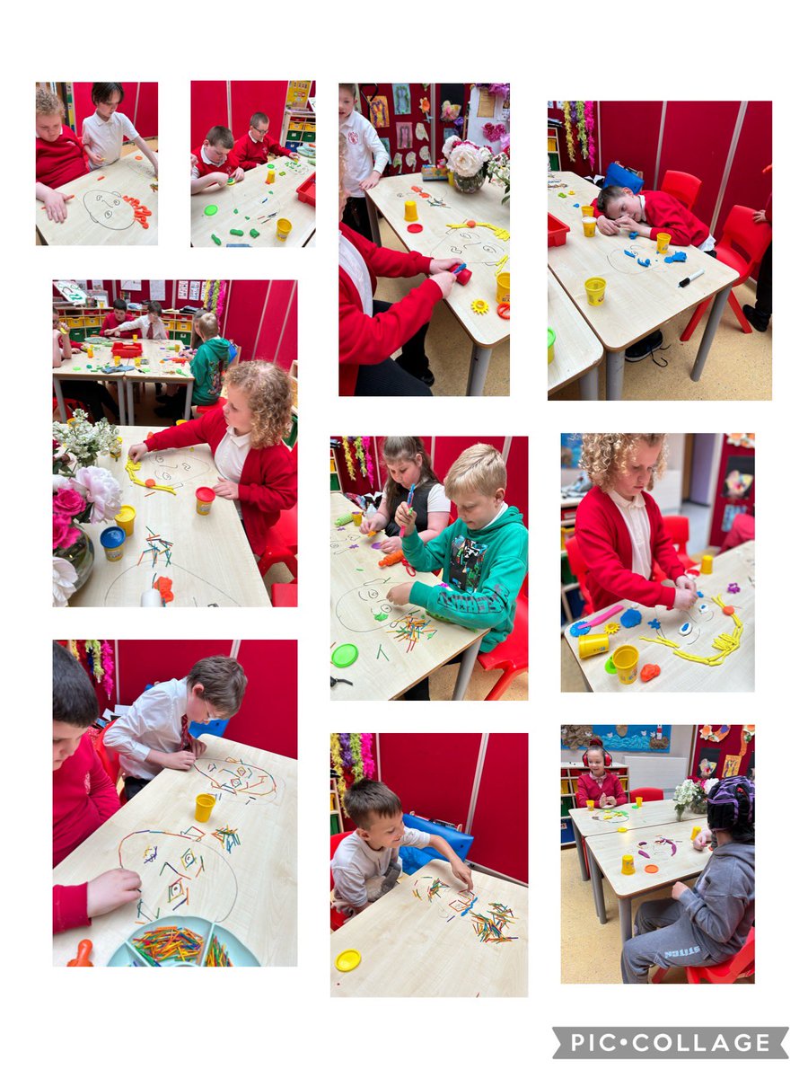 pippin2000's tweet photo. Picasso inspired self portraits using modelling clay and coloured sticks. 
THEN at 11:30am it was time to dance in the Art Pod to promote children’s rights. Miss Smith danced so hard she forgot to take photo’s, oops! @DrumparkDeer @DpHighlandCows https://t.co/KNWiy7fgs7