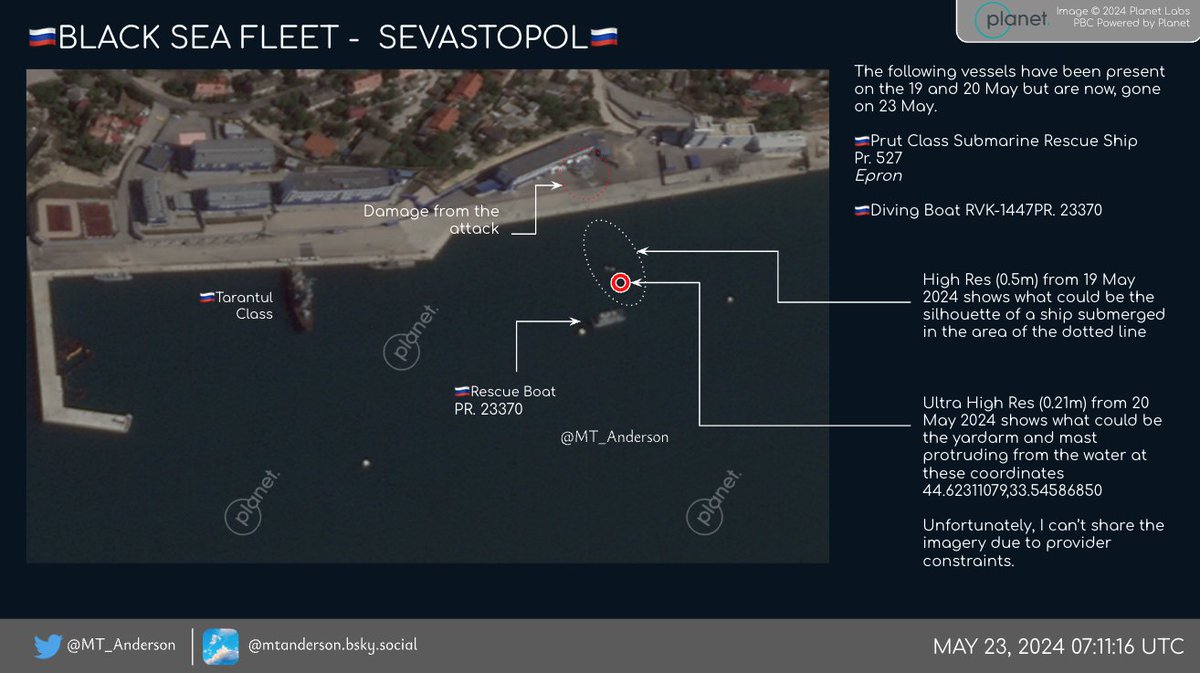 🇷🇺BSF: SEVASTOPOL🇷🇺 0.5m📷 23 May 2024 + commentary on 🛰️📷 from 19 & 20 May which can't be shared publicly Clues point to a vessel being sunk off the frigate pier -Mast protruding from the water -Silhouette of a sunk vessel -Various vessels Dive | Sub Rescue | Rescue vessel