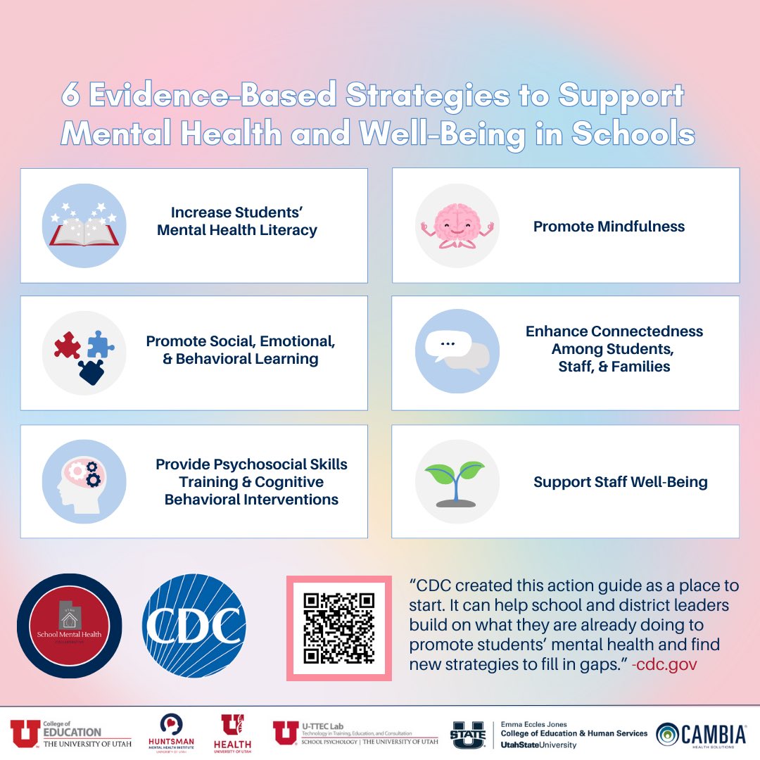 CDC has categorized research supporting mental health and well-being in schools into 6 evidence-based strategies. Our campaign will highlight each strategy, and there are approaches and examples listed on each corresponding webpage. 

 #SchoolMentalHealth #UtahSMHCollab