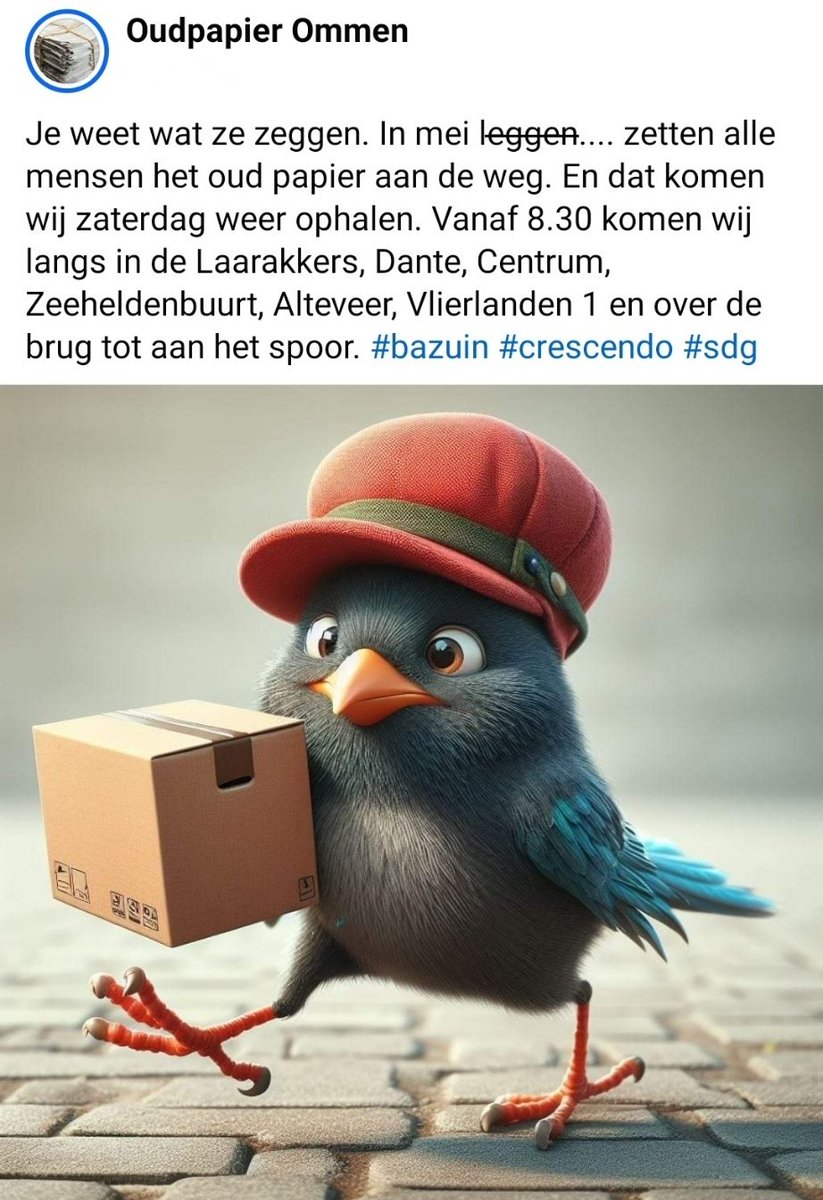 Je weet wat ze zeggen. In mei le̶g̶g̶e̶n̶.... zetten alle mensen het oud papier aan de weg. En dat komen wij zaterdag weer ophalen. Vanaf 8.30 komen wij langs in de Laarakkers, Dante, Centrum, Zeeheldenbuurt, Alteveer, Vlierlanden 1 en over de brug tot aan het spoor.