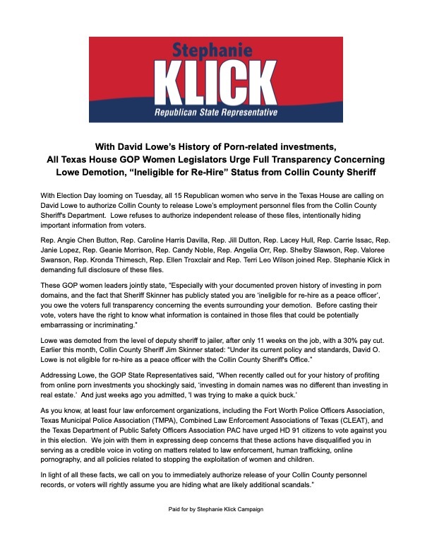 BREAKING NEWS: With David Lowe’s History of Porn-related investments, all Texas House GOP Women Legislators Urge Lowe to authorize release of Collin County files concerning his demotion.  Voters deserve the truth.  READ MORE: bit.ly/3wBlFYU