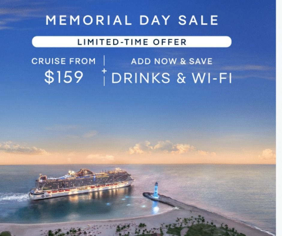 Announcing #MSC's #MemorialDay #Sale
 Cruise's from just $159pp per night. 
Contact us, the MSC experts & CLIA-certified cruise counselors. 
Hurry before this sale ends! 
#Cruise #CruiseDeal #AffordableCruise #YachtClub #PrestigeTravelVacations #TravelAgency #CruiseAgency