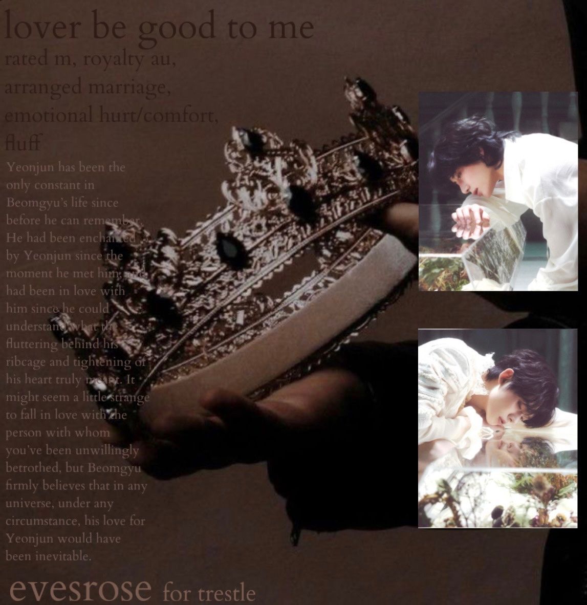 lover be good to me 
ᥫ᭡ bmjn
ᥫ᭡ 3k, rated m
ᥫ᭡ royalty au, arranged marriage, emotional hurt/comfort, relationship exploration, fluff
ᥫ᭡ for <a href="/writingtrestle/">c! 🌖🌒❤️</a> and the 2024 bmjn exchange <3

archiveofourown.org/works/55838950