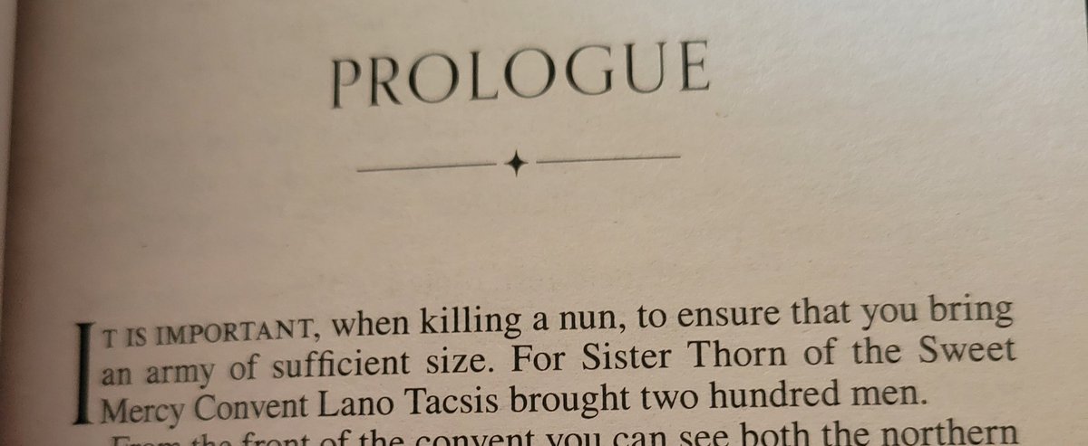 HeadglowON's tweet photo. @Mark__Lawrence @binding_broken I'm not entirely sure if it counts as an epigraph, BUT i think the opening passage of Red Sister is the best hook for a book ive ever read: https://t.co/KqVIG2b5Lf