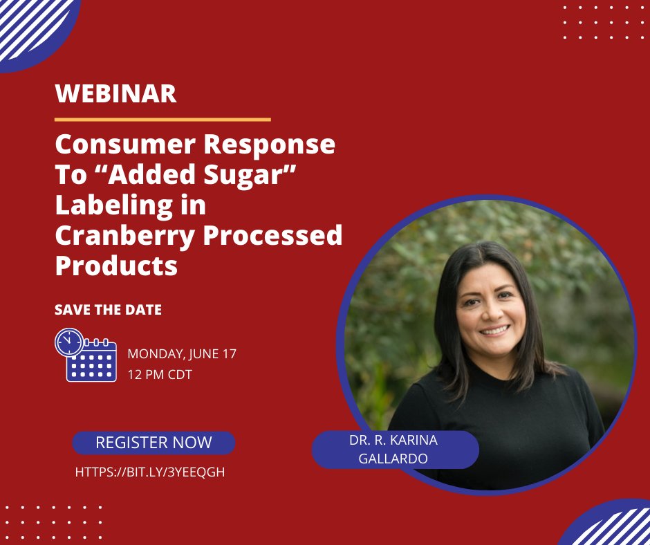Join us June 17 for our next webinar! Dr. R. Karina Gallardo will present on how "added sugar" labeling affected people's willingness to pay for added sugar in sweet and dried cranberries (SDC) and cranberry juice. Register here uwmadison.zoom.us/meeting/regist…