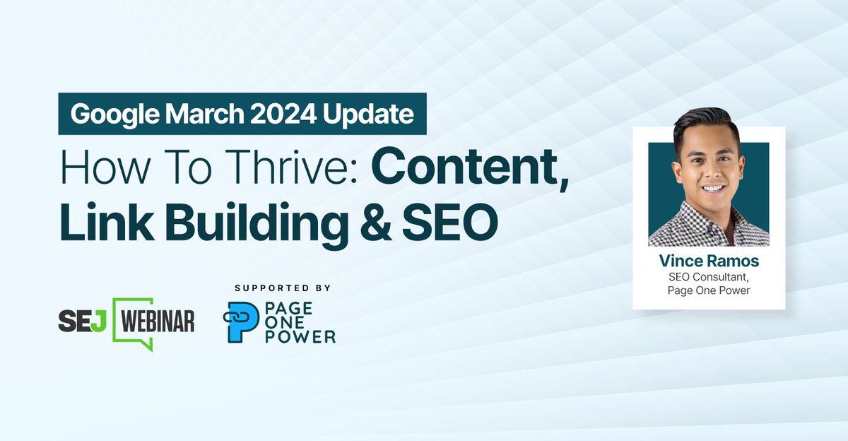 Our live webinar with @pageonepower is coming up, and you’re invited! Don’t miss your chance to ask questions about how to thrive despite Google’s March 2024 updates with link building and content strategies. bit.ly/3UW7TJK #google #contentstrategy #linkbuilding #SEO