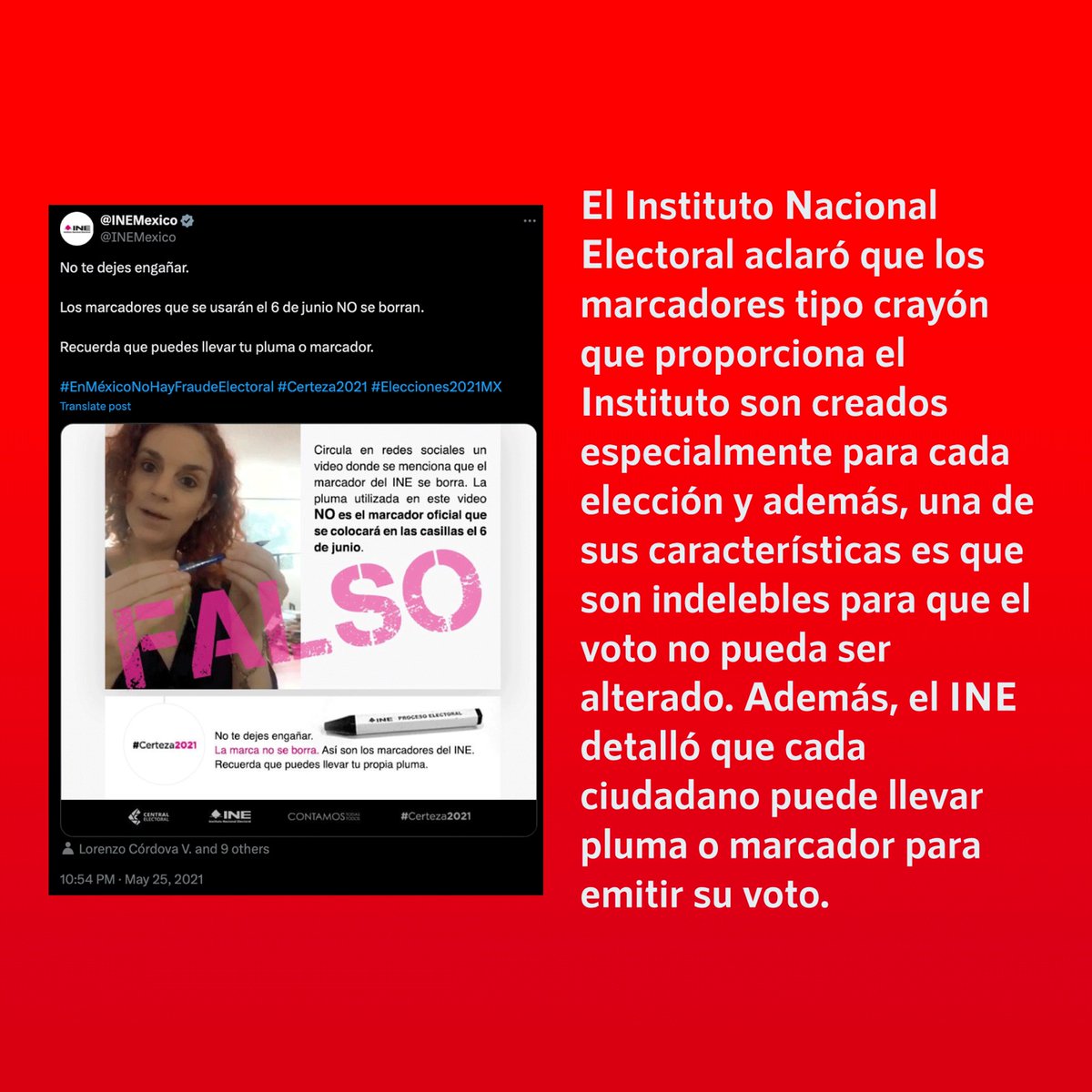 ❌Falso que los marcadores que da el #INE para votar se borran con fuego ✅El @INEMexico informó que los marcadores que otorgan son creados par cada elección y además, son indelebles para garantizar que el voto sea alterado ➡️infodemia.mx/entrada/5601