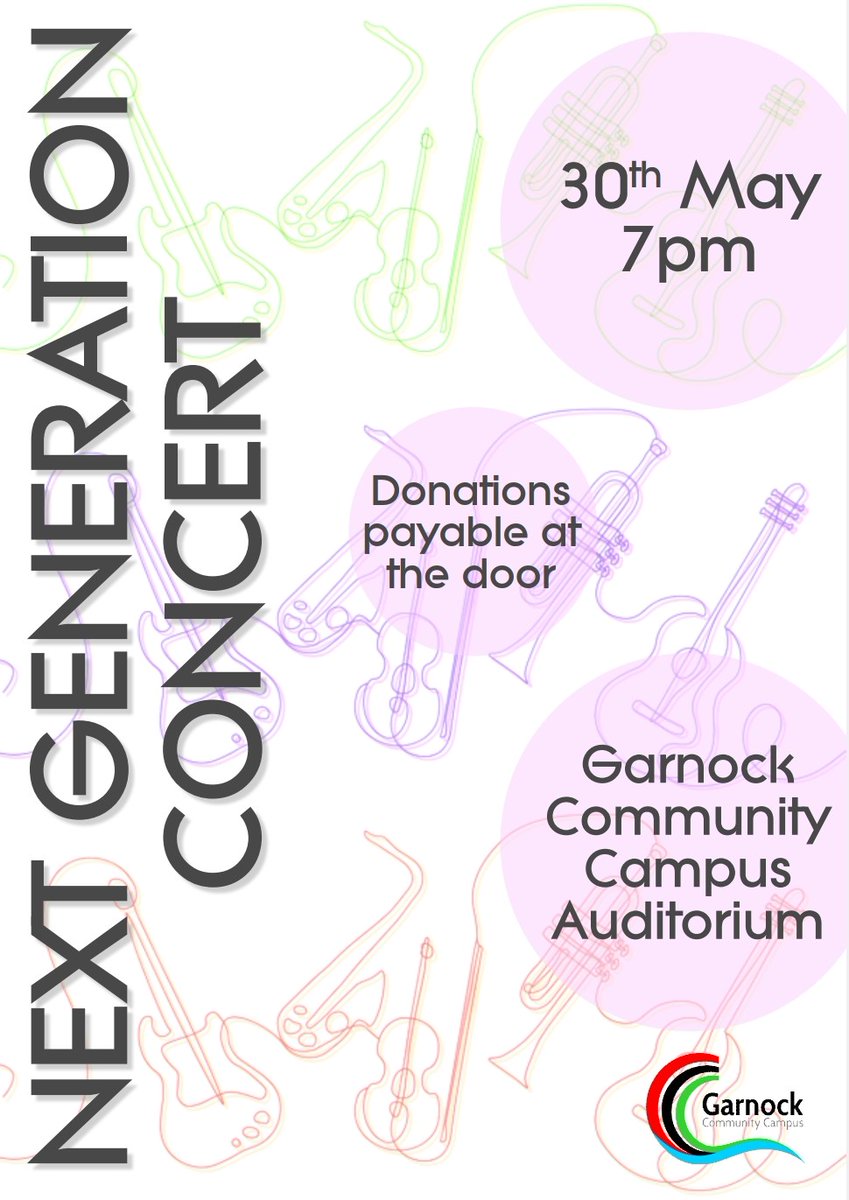 One week tonight until our annual Next Generation Concert. Remember, it's a donation at the door on entry. Come along and enjoy performances from our wonderful musicians in the Garnock Valley! 
<a href="/GarnockCampus/">Garnock Community Campus</a> 
<a href="/GarnockPrimary/">Garnock Primary & Early Years</a> 
<a href="/DalryPrimary/">Dalry Primary School</a> 
<a href="/GatesideSchool/">Gateside P.S</a> 
<a href="/Beithps/">Beith Primary School and Early Years Class</a>