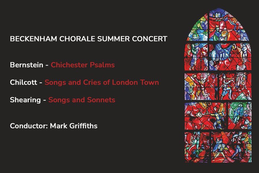 Book now for our summer concert which will include Leonard Bernstein’s commission Chichester Psalms- a visionary plea for reconciliation &amp; unity with just a hint of West side story.Sat 15th June at St George’s church High street Beckenham  bit.ly/3VcGDqt