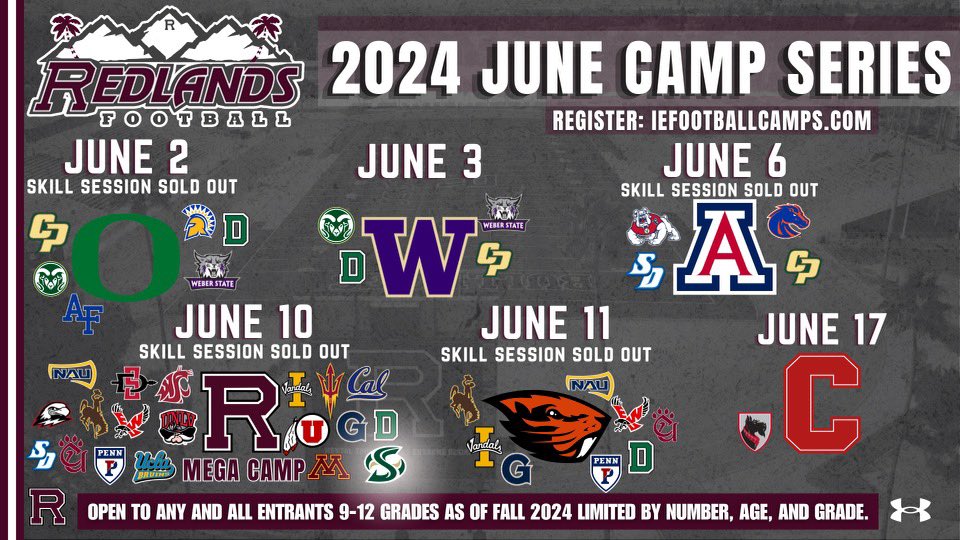 Redlands Bulldog Football (@uofr_football) on Twitter photo Will be great to have <a href="/SacHornetsFB/">Sac State Football</a> back to the camps in June!!
Get signed up at:
iefootballcamps.com
Limited capacity per session.
More schools to be added soon!! Will be great to have <a href="/SacHornetsFB/">Sac State Football</a> back to the camps in June!!
Get signed up at:
iefootballcamps.com
Limited capacity per session.
More schools to be added soon!!