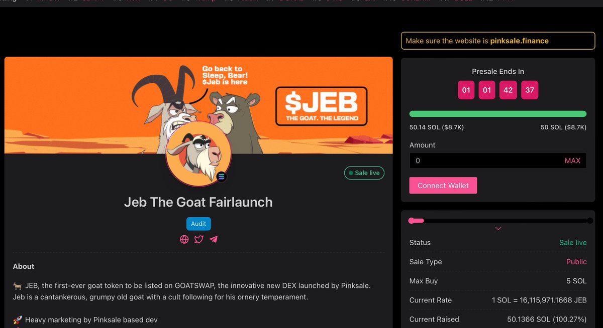 Jeb_the_goat's tweet photo. $JEB filled 50 #SOL softcap in 2 hours 🔥 #fairlaunch pool will be open for buys until tomorrow 19:00 UTC 🐐

@pinkecosystem @goatswap_com 🤝 #JebTheGoat

https://t.co/BHY2ycqnQJ https://t.co/atyNrAoeKi