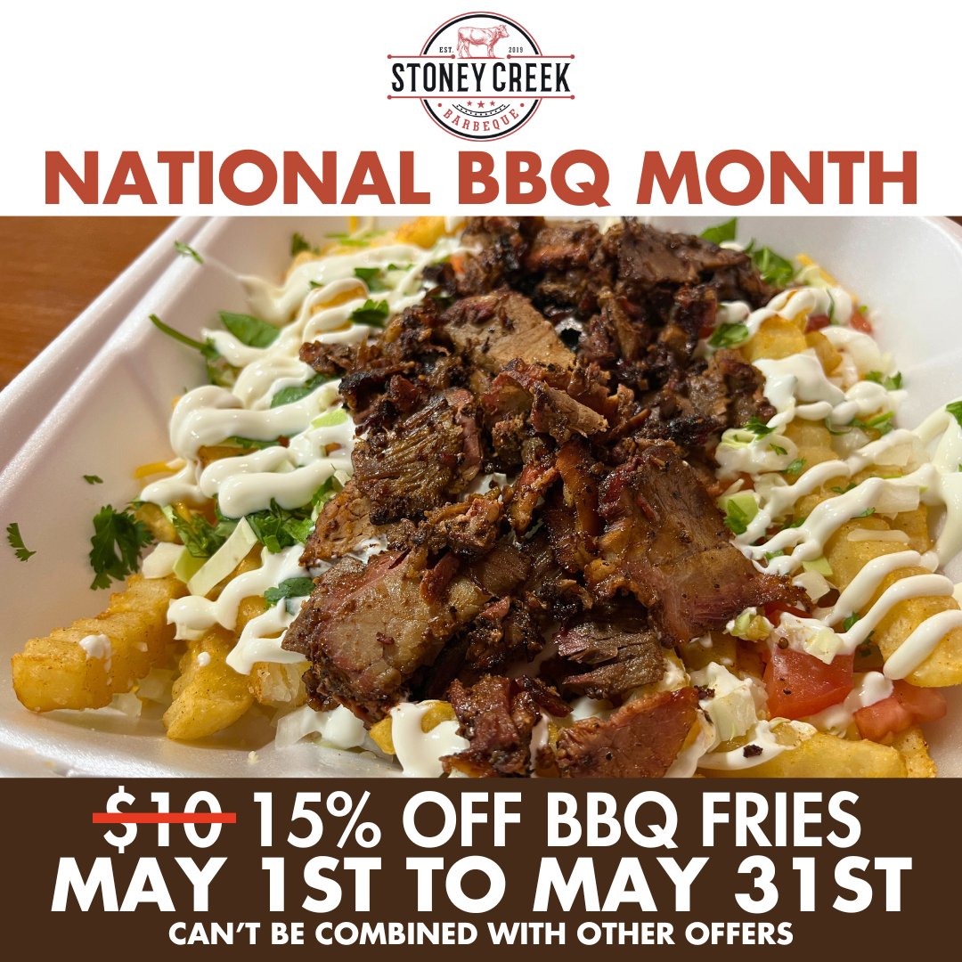 It's National BBQ Month! To celebrate, we're taking 15% OFF ALL of our BBQ Fries! Choose from carne asada, tri-tip, brisket, pulled pork, or shredded chicken! #StoneyCreekBBQ #Porterville #BBQ #NationalBBQMonth #BBQFries #Fries #LowAndSlow #WorthTheDrive
