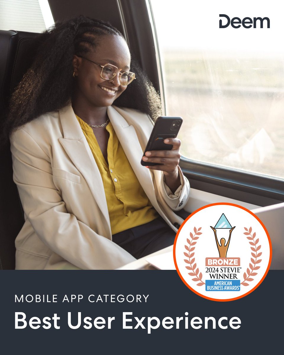 Deem wins a Stevie Award for Best User Experience, because Deem is designed for the way people travel.